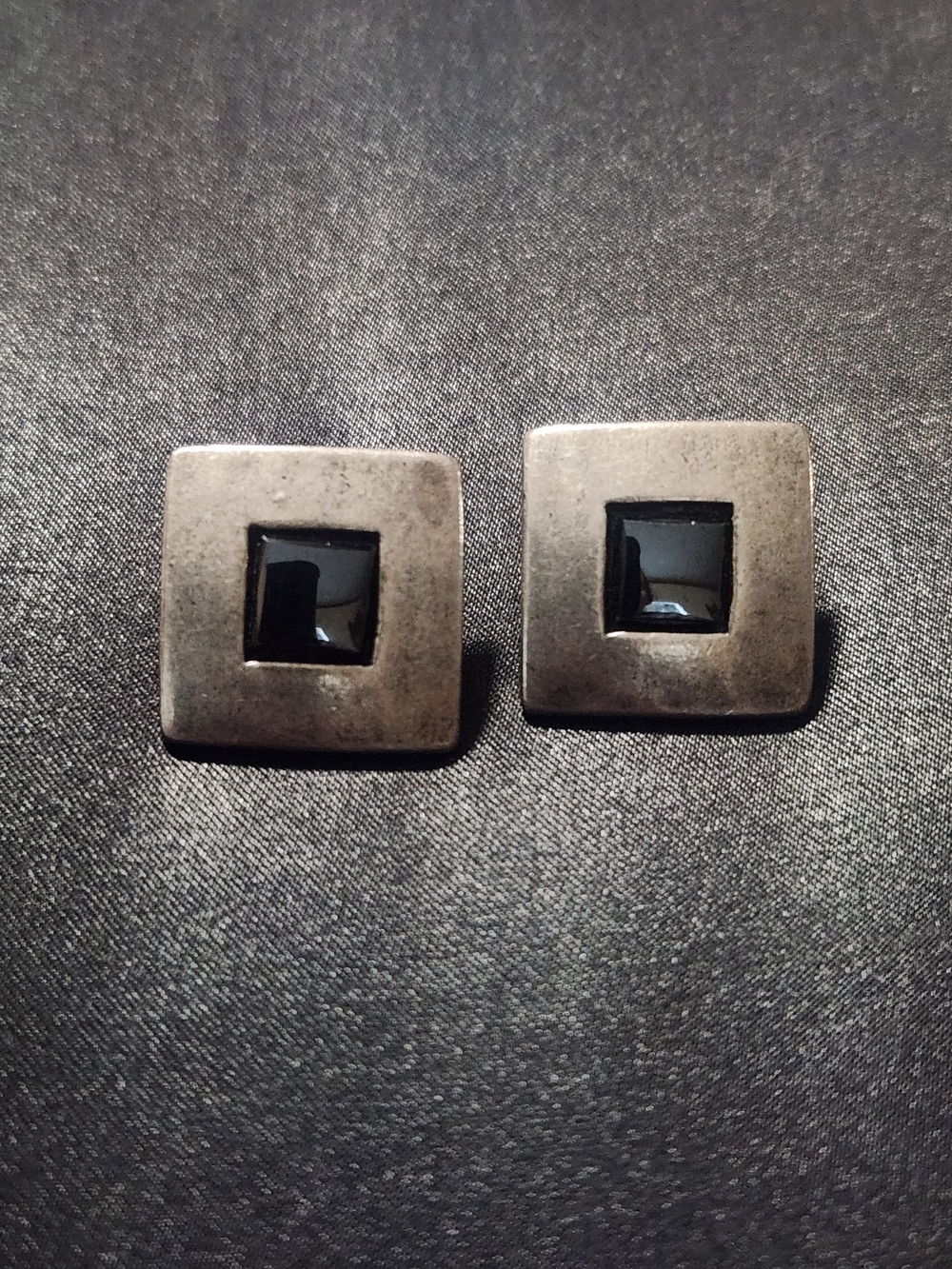 Vintage Pewter-Tone Square Stud Earrings with Faux Black Onyx Inlay